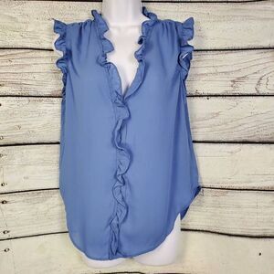 DKNY Women’s Small Blue Ruffle Trim Sleeveless Blouse Top